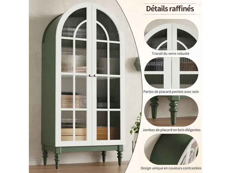  Buffet de cuisine vitrine 165 cm vert foncé avec portes en verre strié et 3 niveaux de rangement  - Conforama E