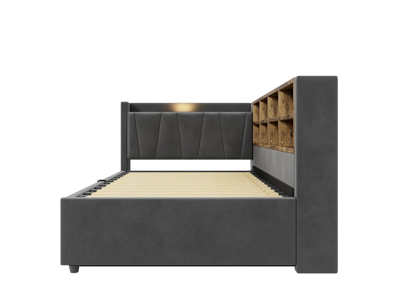  Lit banquette enfant 90x200 cm gris foncé velours, rangement hydraulique, éclairage et ports usb type-c  - Conforama E