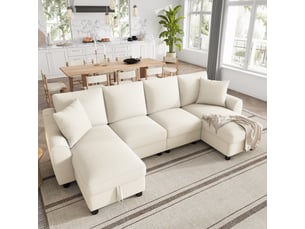 Canapé d'angle panoramique fixe <strong></strong> <strong></strong> 2 places Simili beige avec coffre de rangement