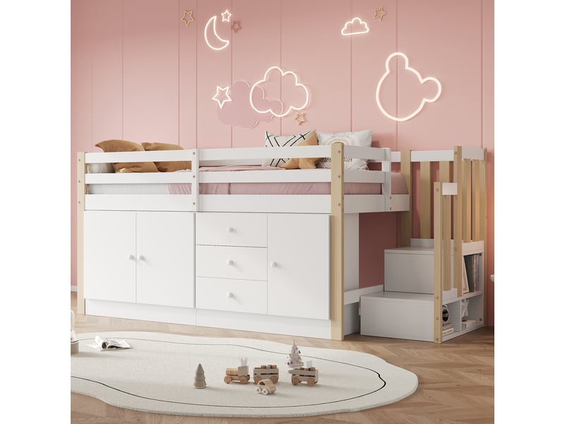 Lit mezzanine enfant 90×200 cm escalier, tiroirs, 2 placards et penderie - sans matelas, mdf - blanc  - Conforama B
