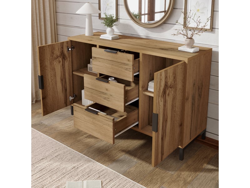  Commode 2 portes et 3 tiroirs avec étagères réglables pour chambre 120×40×76 cm chêne foncé  - Conforama D