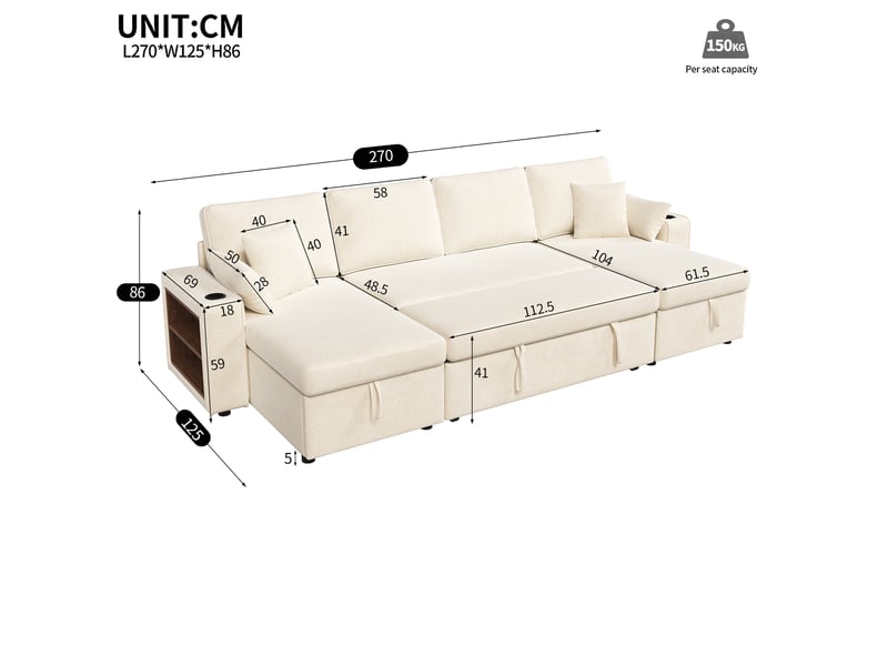  Canapé d'angle en u 270x125x86 cm avec 2 porte gobelets et port usb et rangement intégré convertible en lit chenille beige BUYDEEMEUS - Conforama C