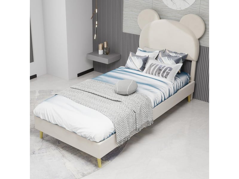 Lit rembourré minimaliste moderne 90x200 cm beige, tête cartoon moelleuse, base solide basse sans rangement ni vérin, sans matelas - Conforama E