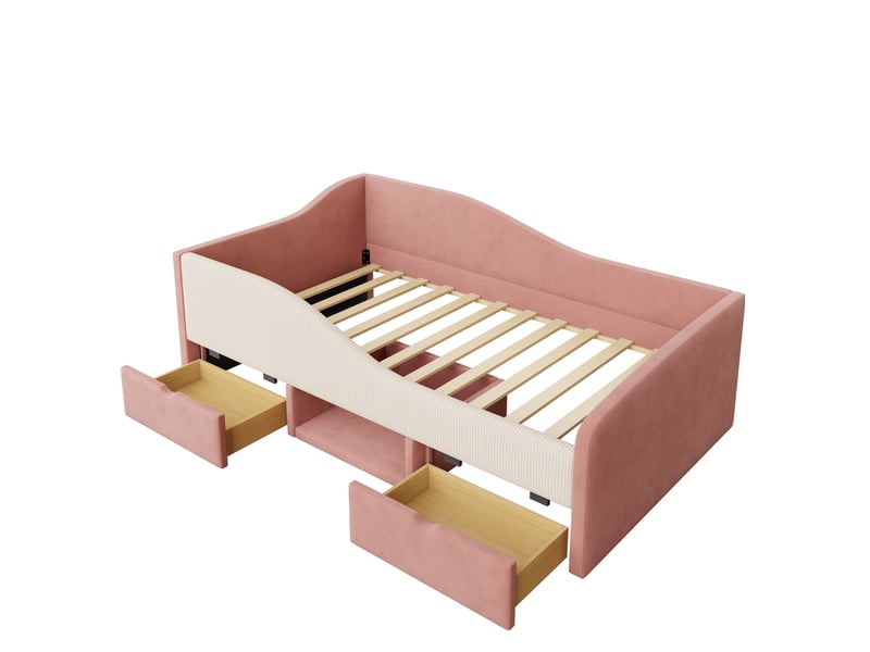 Lit canapé enfant velours rose et crème 90x190 cm avec 2 tiroirs et barrières - Conforama D