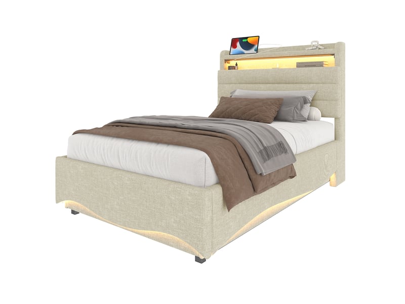  Lit capitonné 90 x 200 cm beige, led, relevage hydraulique, usb et type-c, rangements, sans matelas  - Conforama A