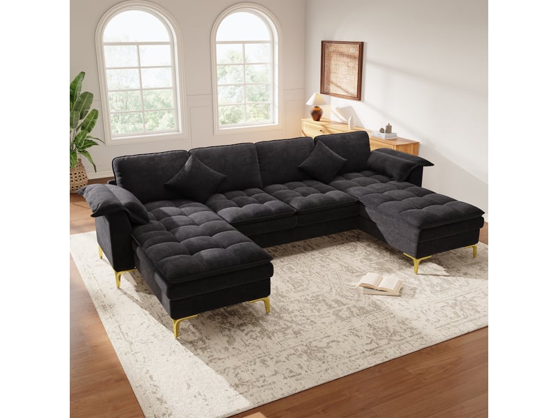 Canapé d'angle panoramique fixe 4 places tissu noir - Conforama E