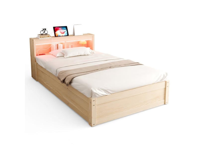 Lit coffre 90x200 cm avec rangement prise euro led multicolore mécanisme hydraulique bois massif couleur bois - Conforama A