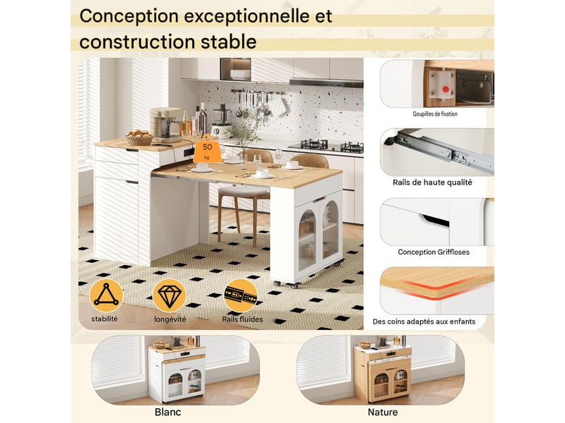 Îlot de cuisine avec table extensible, prises intégrées et 2 tiroirs blanc DE000049AAK - Conforama E