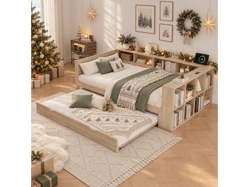 Lit gigogne 120x200cm avec second couchage 90x190cm, 2 couchages, rangements périphériques, étagères réversibles et usb, pin naturel, pour chambre - Conforama B