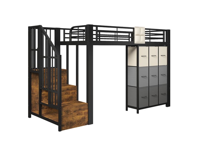 Lit mezzanine métal 90x200 cm noir avec tiroirs, penderie et escalier rangement - Conforama D