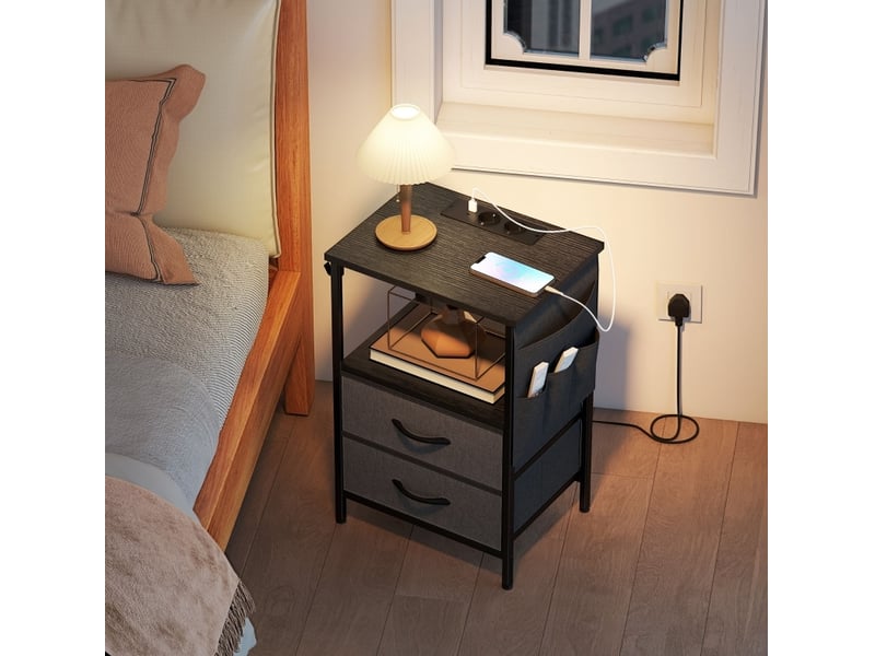  Table d'appoint avec station de charge, cadre en acier, ports usb-c, tiroirs, crochets, 40 cm x 30 cm x 60 cm noir  - Conforama C