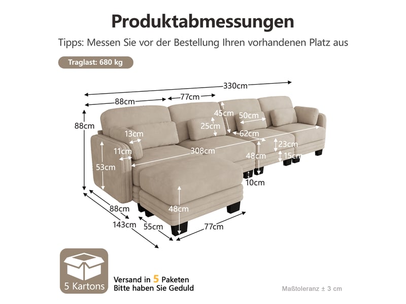 Canapé d'angle modulable - 4 places - forme l - 1 ottoman - coussins d'accoudoirs - tissu chenille - mobilier de salon - brun clair CozyNest - Conforama D