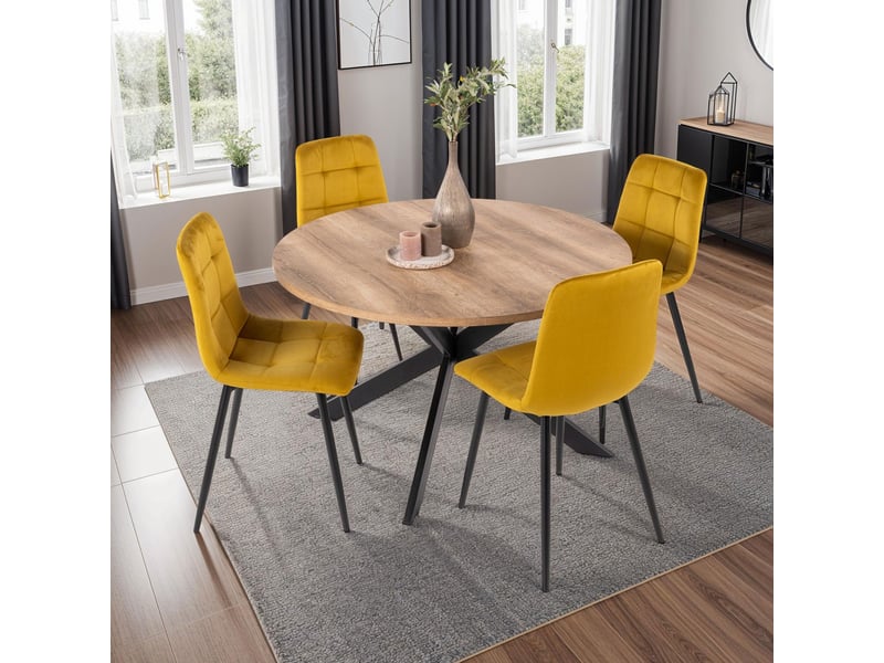 Ensemble table ronde naturel + 4 chaises en velours moutarde - dialo - Conforama B