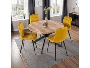 Ensemble table ronde naturel + 4 chaises en velours moutarde - dialo