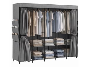 Armoire en tissu avec 5 tringles, 5 étagères, 6 poches latérales, fermeture éclair, structure en acier, 212 x 45 x 167 cm, grise