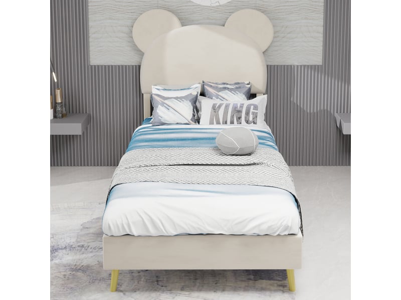  Lit enfant 90x200 cm avec tête dessin animé, tissu et métal, beige, sans matelas  - Conforama W