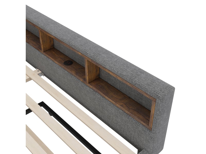  Lit gigogne 140x200 cm multifonction avec rangements, ports usb et type-c et led, lin et mdf, gris, sans matelas  - Conforama E