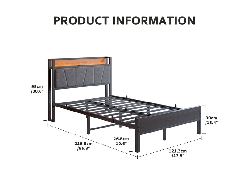  Lit jeune 120x200 cm tête haute, prise secteur, ports usb, éclairage avec éclairage led, rangement tête de lit, mdf métal, noir sans matelas  - Conforama C