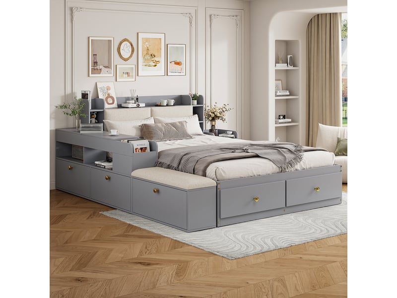  Lit combiné 140x200 cm bois massif gris - tiroirs, chevet, banquette et armoire - rangements intégrés  - Conforama B