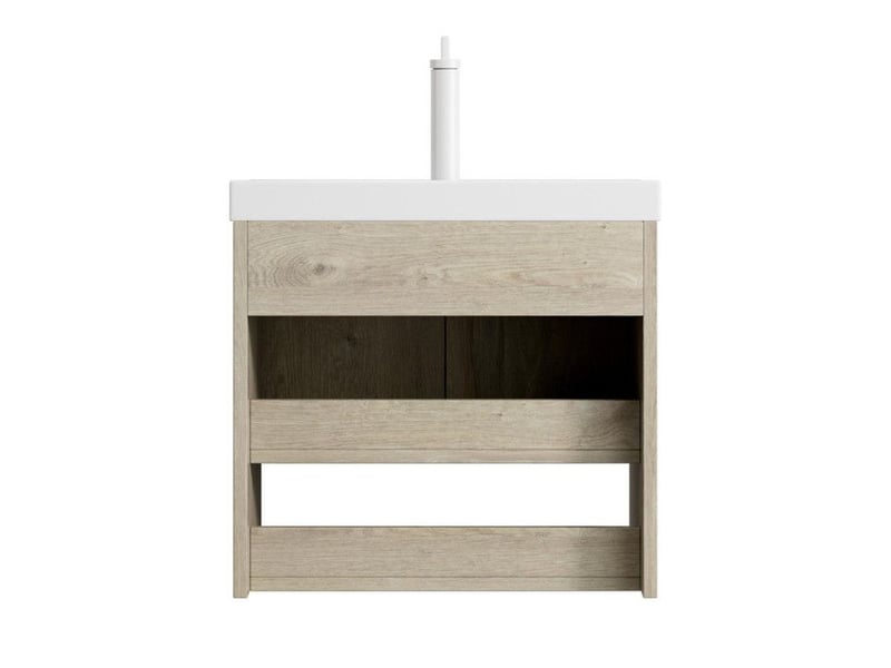  Meuble lavabo suspendu - kairo - 55cm - céramique blanche - étagère ouverte - bois crème 55x32x53cm - Conforama D
