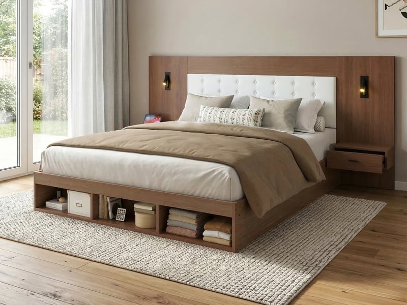  Lit double,180 x 200 cm,avec station de recharge usb &amp; type-c et lampe de lecture, avec 2 tables de chevet, couleur bois noyer  - Conforama B
