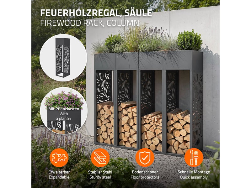  Ml-design range-bûches modulable avec jardinière en acier galvanisé, intérieur et extérieur, résistant aux intempéries, rangement bois de chauffage, motif de feuilles, anthracite, 30 x 30 x 111 cm ECD Germany GmbH - Conforama B