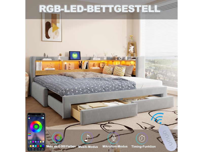 Canapé-lit rembourré 3-en-1, 90x200/180x200 cm,avec lit gigogne,tiroirs,led et prise,velours,gris–banquette-lit d'angle,sans matelas - Conforama D