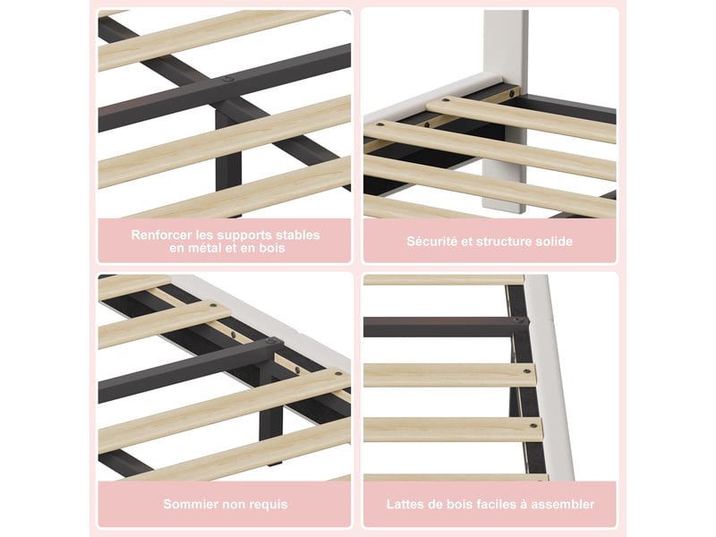 Lit double 140x200 cm avec tête de lit en forme de lapin, lit 2 placeavec led, lit fille avec sommier à lattes, lit rembourré pour filles garçons, velours, blanc + rose - Conforama R