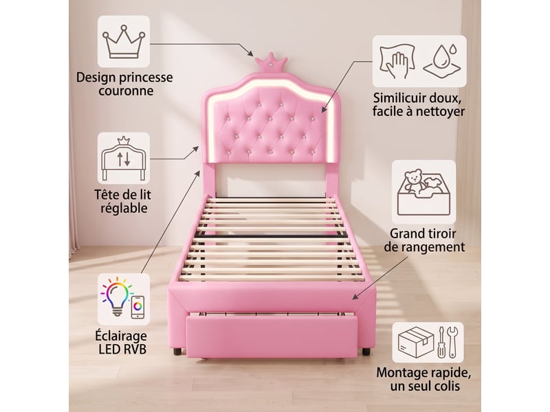  Lit enfant 90x200, lit simple princesse avec led et rangement, tête de lit couronne capitonnée, coloris rose  - Conforama C