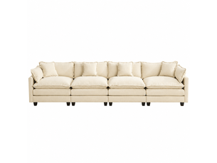 Canapé droit modulable 4 places 380 × 75 × 84 cm en chenille beige, coussins rembourrés