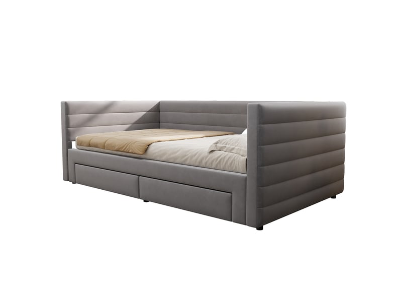 Lit gigogne simple 90×190 cm extensible 180×190 cm, 2 tiroirs  - sans matelas, tissu coton et lin gris  - Conforama E