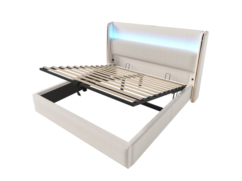  Lit coffre 160x200 cm, lit adulte, charge, led, tête de lit, sommier, lin, bois, métal, beige, matelas inclus  - Conforama R
