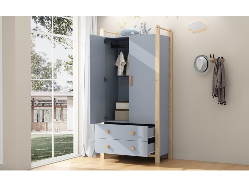  Armoire avec 2 portes, penderie et 2 tiroirs pour chambre ou entrée en panneaux de particules 90×45×180 cm bleu  - Conforama E