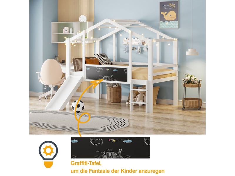 Lit mezzanine enfant 90x200, gain d'espace sécurisé, toboggan intégré, tableau noir, structure bois massif - Conforama E