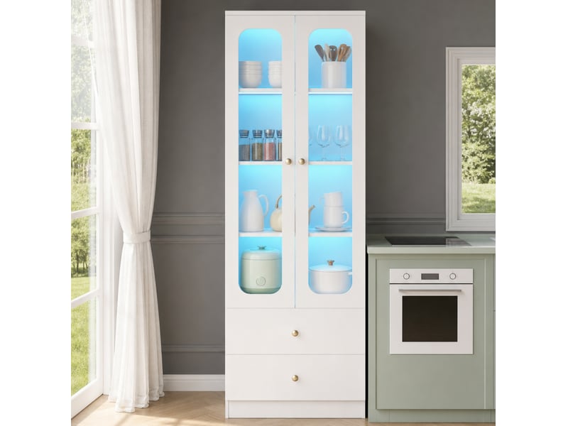 Vitrine avec 4 niveaux, 2 tiroirs et éclairage led rgb piloté par application pour salon, 60 × 35 × 170 cm - Conforama B