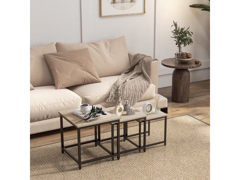  Tables basses gigognes set de 3 avec plateaux effet bois et pieds réglables pour salon structure en acier noir  - Conforama B