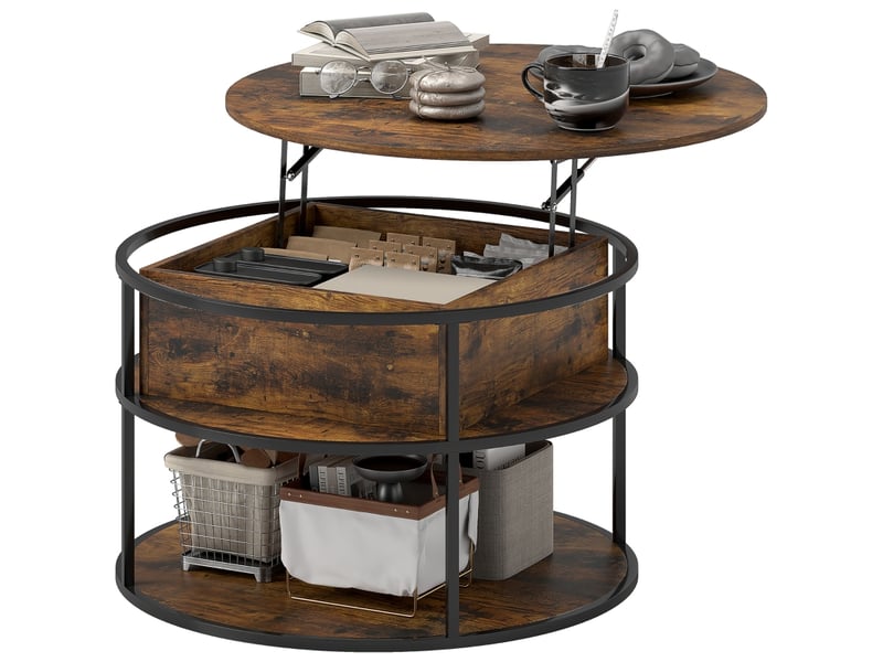  Table basse relevable ronde avec espace ouvert et rangement caché, structure en acier, pour salon, en bois, marron  - Conforama A