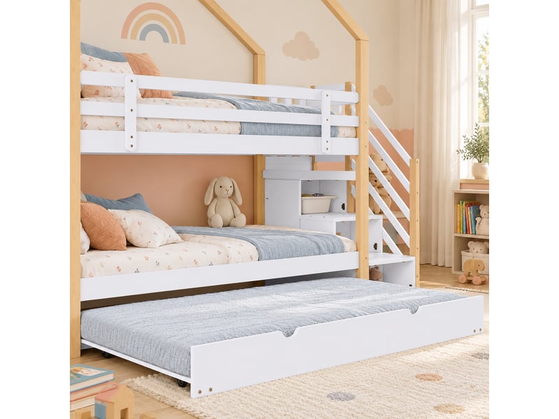 Lit superposé cabane 90x200 et 90x190 cm avec lit coulissant, escalier et 4 tiroirs, bois naturel et blanc, sans matelas - Conforama D