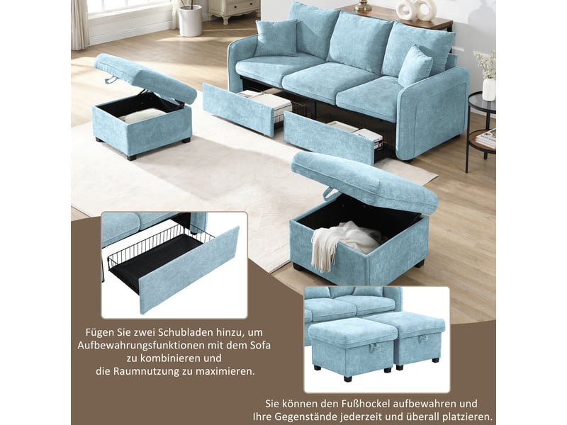  Canapé d'angle 3 places en tissu chenille, 2 poufs à rangement, tiroirs intégrés, convertible en l ou en lit  - Conforama E
