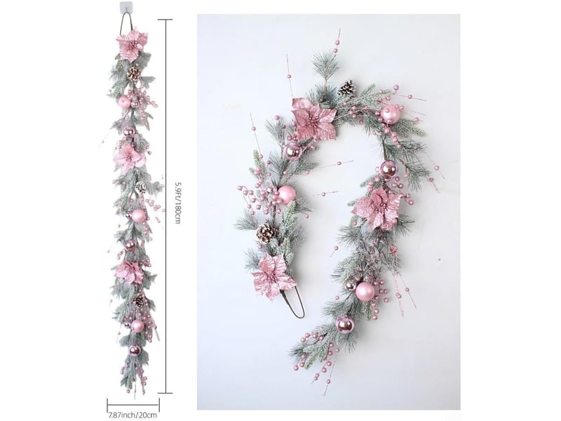  Couronne de noël rose vif 180cm, effet floqué enneigé – décoration de porte et intérieur  - Conforama B