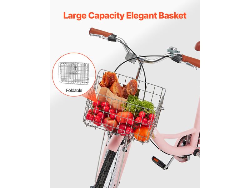  Vevor vélo croiseur de plage rose 1 vitesse 660,4 mm avec grand panier et siège  - Conforama E
