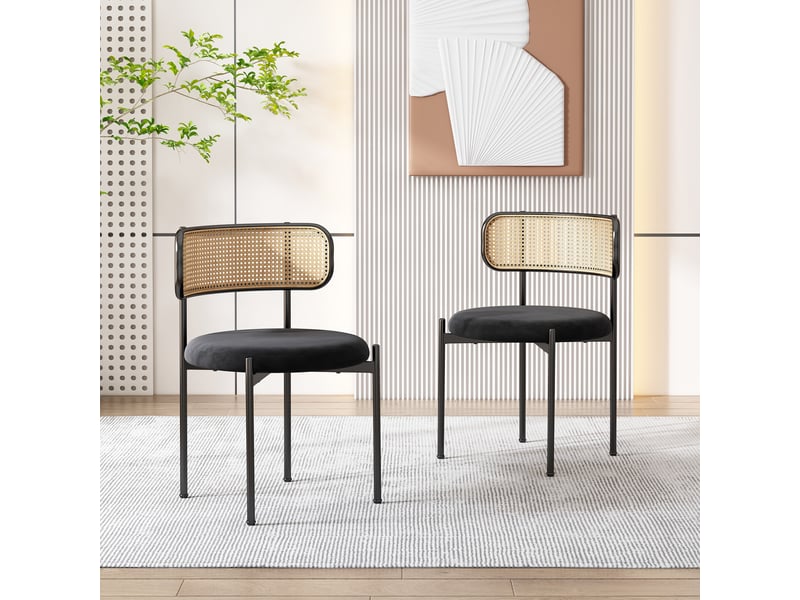  Chaise de salle à manger 2 pièces avec dossier en rotin et assise confortable, en velours noir  - Conforama C