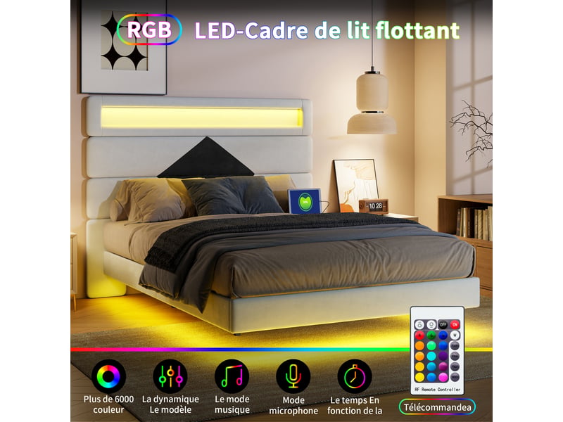  Lit 140x190 avec led ,lit double avec port usb-c, lit suspendu, cadre de lit 140x190 cm, velours, blanc et noir  - Conforama R