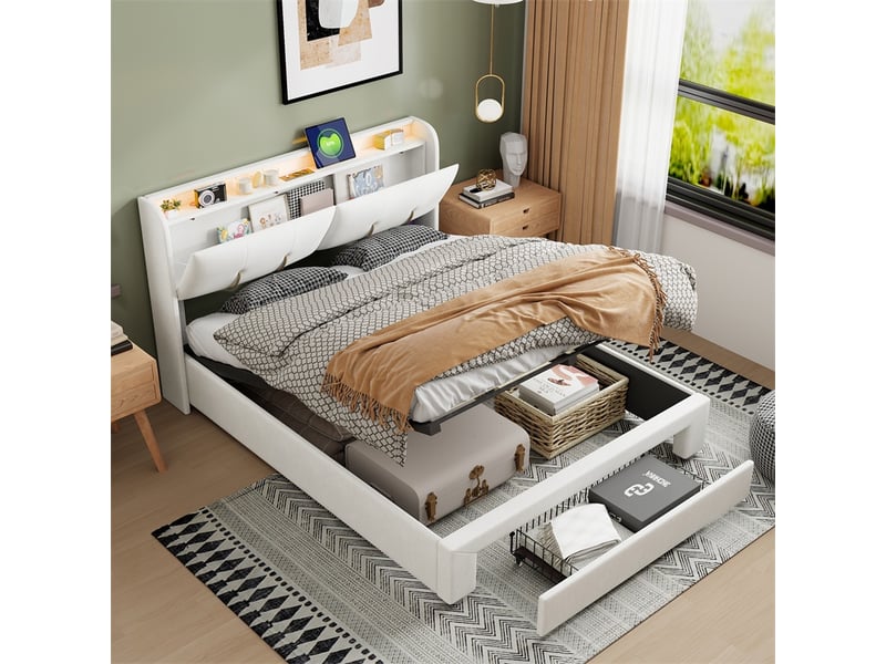 Lit 140x200cm - lit coffre 140x200cm - lit hydraulique avec rangement, tête de lit étagère, prises usb et led - velours beige - Conforama B