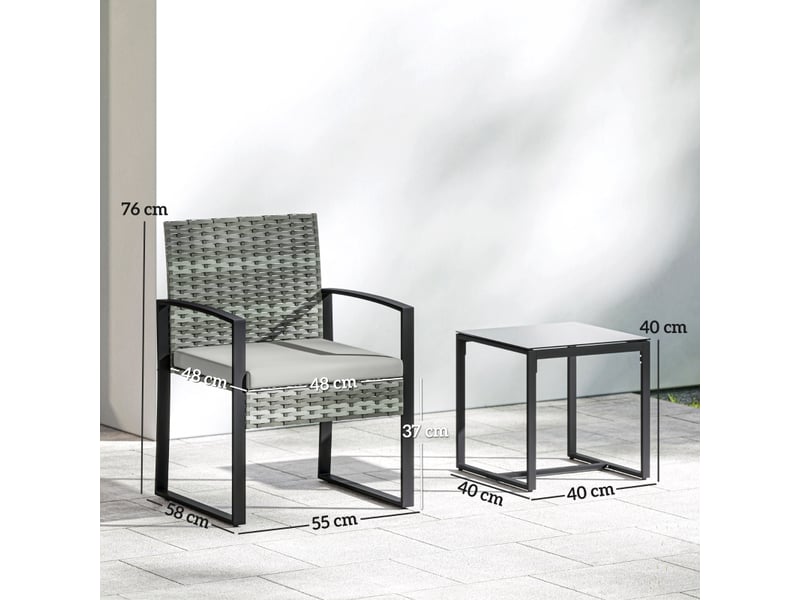  Ensemble table et chaise de jardin avec 2 fauteuils, 1 table basse et coussins, rotin synthétique et acier gris clair  - Conforama D