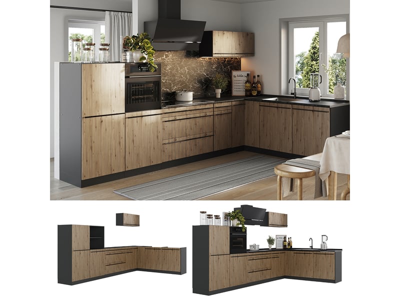  Vicco cuisine en angle, chêne artisananthracite, 347 x cm plan de travail chêne doré  - Conforama D