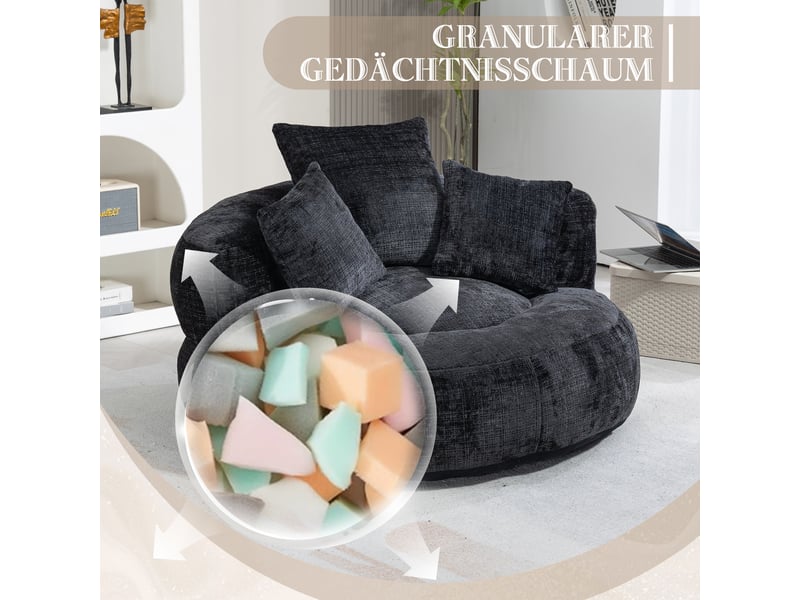  Pouf géant adulte en chenille noire, fauteuil de sol ergonomique avec dossier haut, canapé paresseux pour chambre et gaming.  - Conforama D