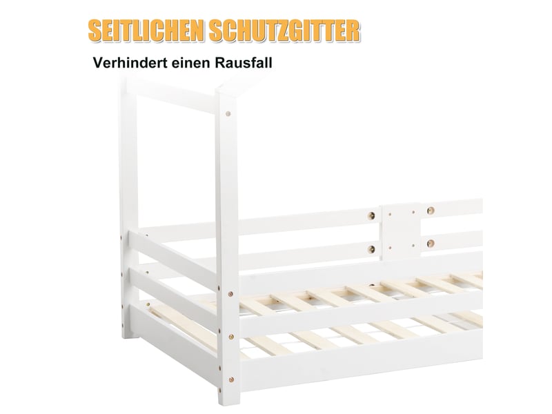  Lit cabane enfant 90x200 blanc, lit maison bois pin massif avec sommier lattes et barreaux sécurité pour chambre  - Conforama R