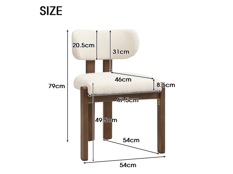  Lot de 4 chaises de salle à manger 54x54x79 cm noyer et écru, bois et tissu bouclé, assise 49,5 cm  - Conforama C