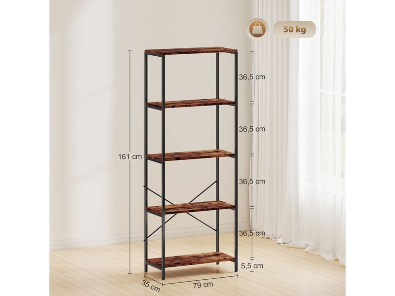  Étagère à livres, 5 tablettes, métal, surface en mélamine, marron  - Conforama E